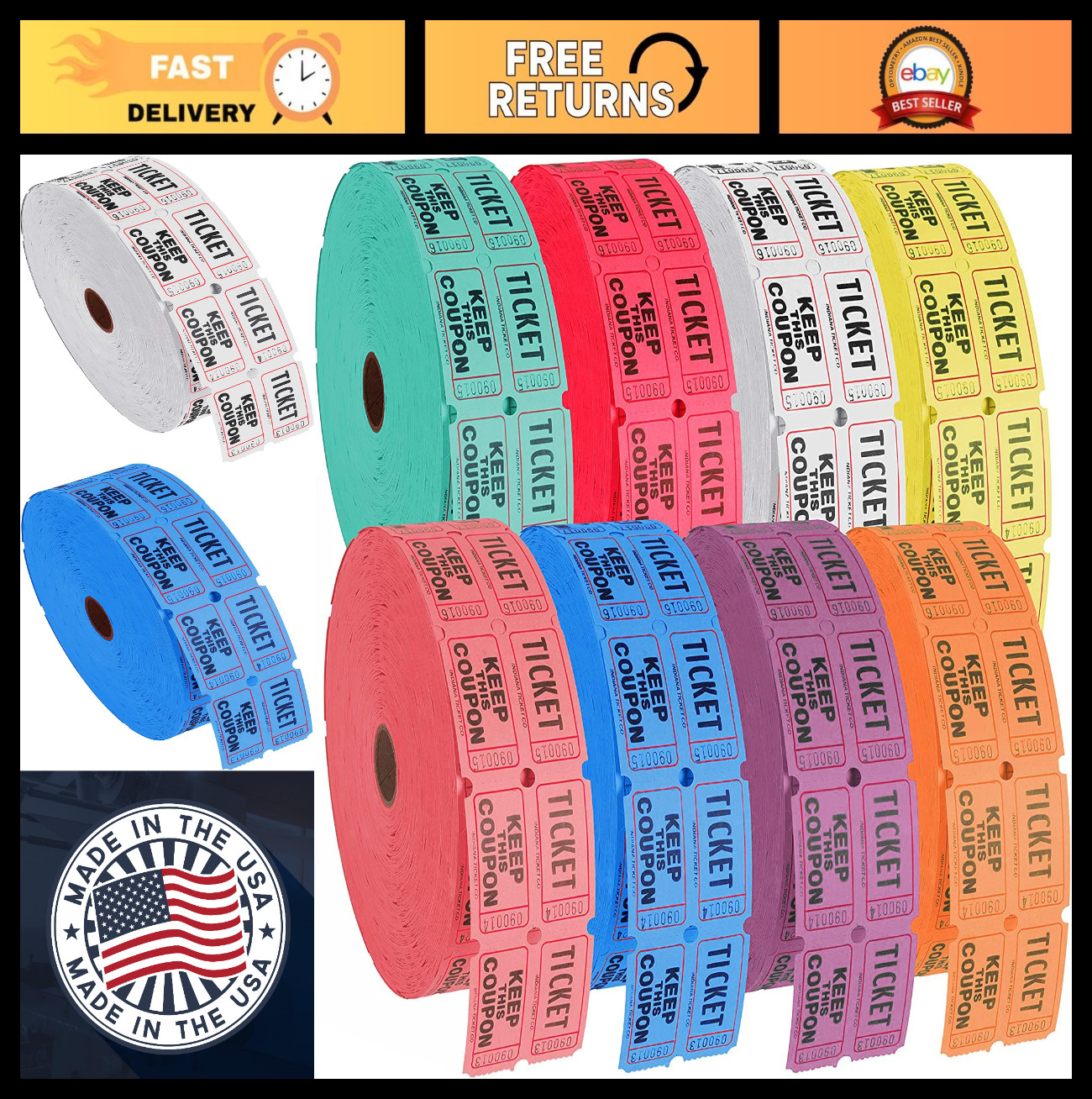 Colorful Double Roll Raffle Tickets – Set of 8 Rolls, 2000 Tickets Each, Event S