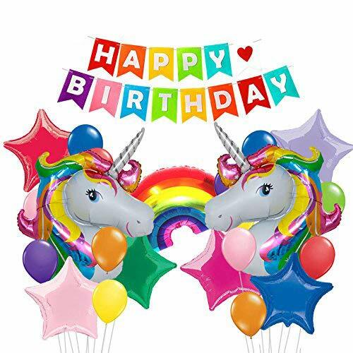 25Pack Colorful Happy Birthday banner &32 inch Unicorn balloons Bright Rainbow