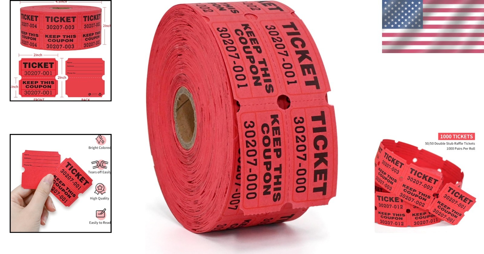 1000 Double Stub Raffle Tickets in Bright Red – Perfect for Events & Fundraising