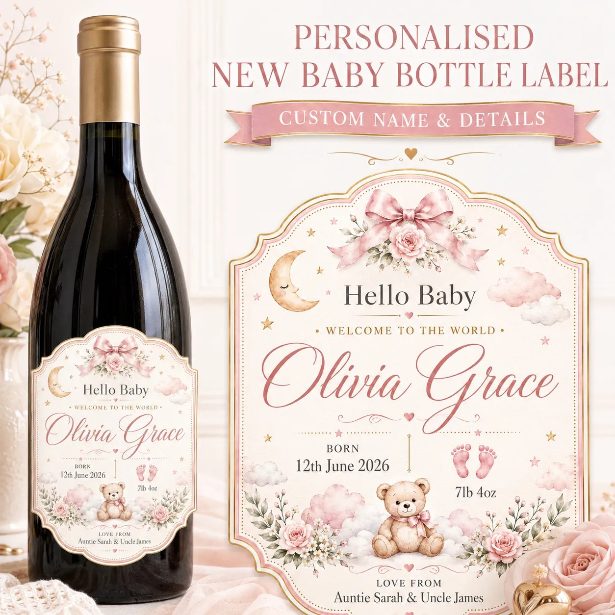 Personalised New Baby Bottle Label Sticker Custom Baby Girl Gift Keepsake