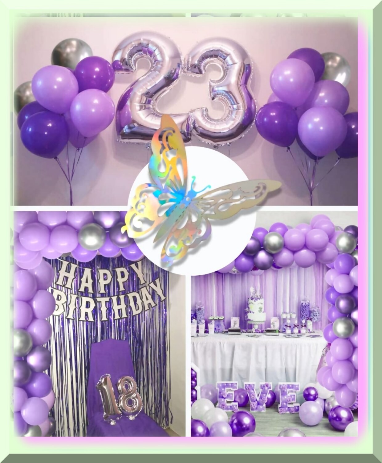 Purple and Silver Balloon Garland Kit with Butterfly Decorations