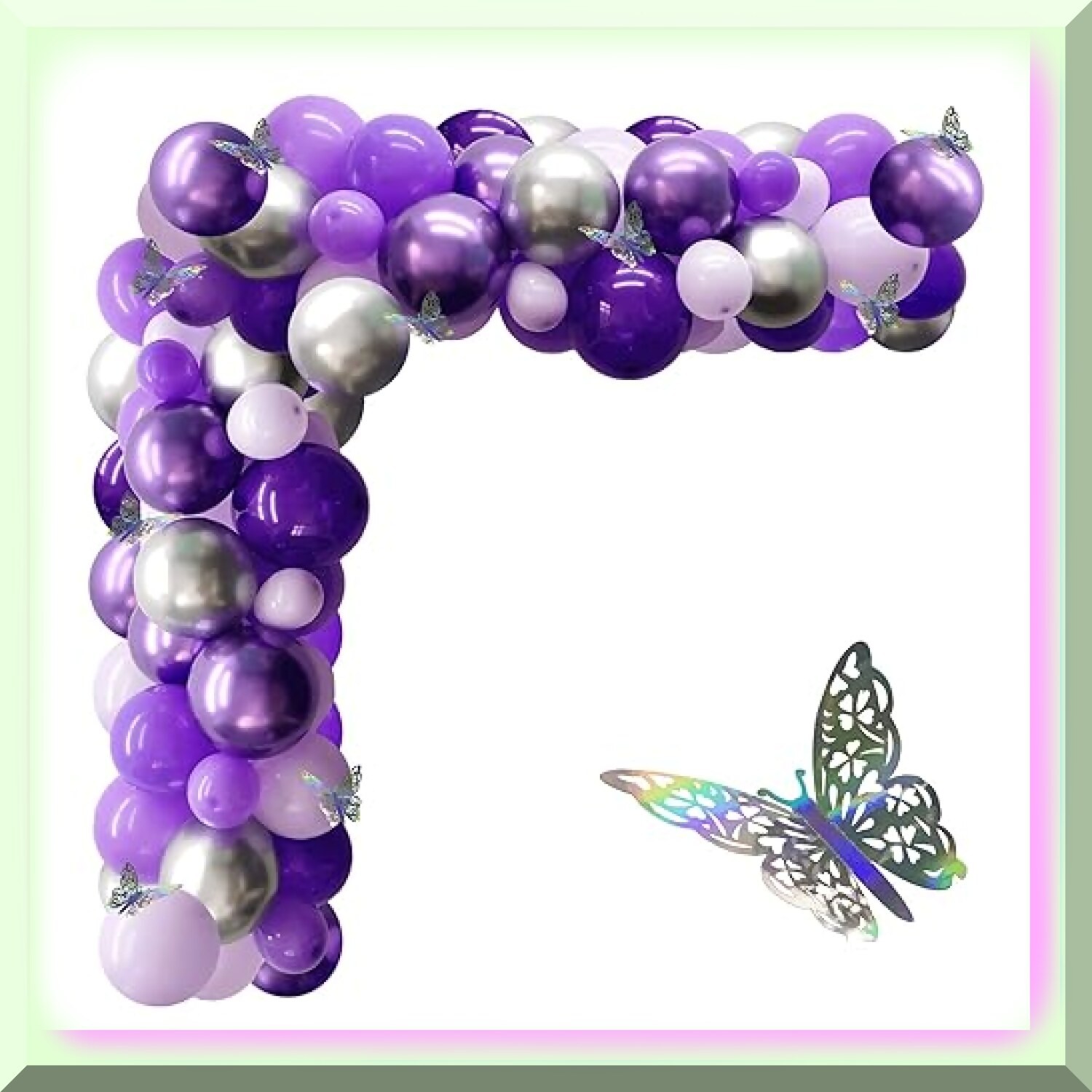 Purple and Silver Balloon Garland Kit with Butterfly Decorations