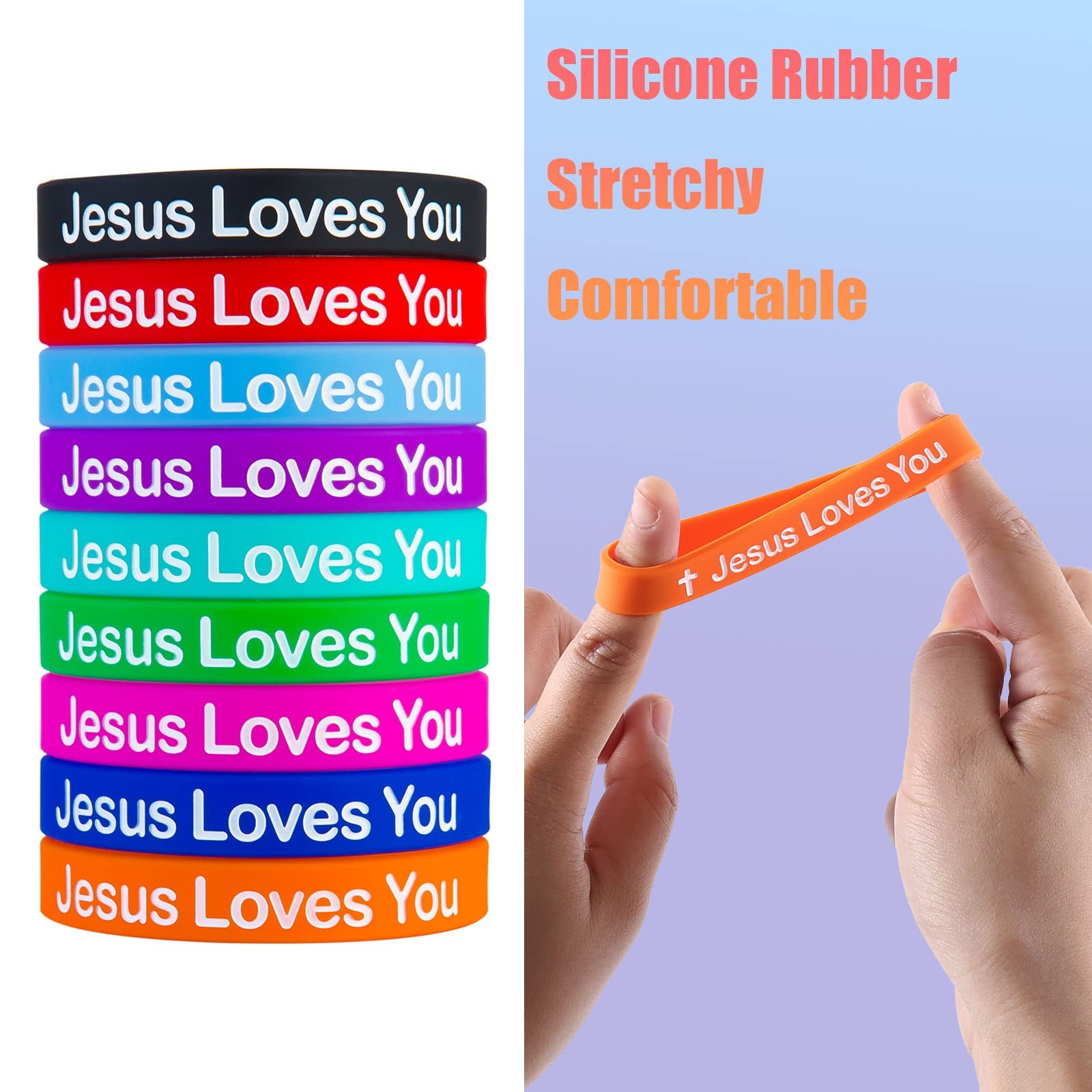 QEERBSIN 60 Pcs Jesus Loves You Rubber Bracelets Colorful Adult, Colored