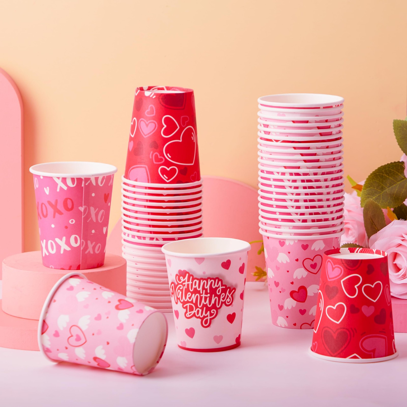 48 Pcs Valentine’s Day Disposable Cups, Paper Cocoa Cups with Pink Red Heart D