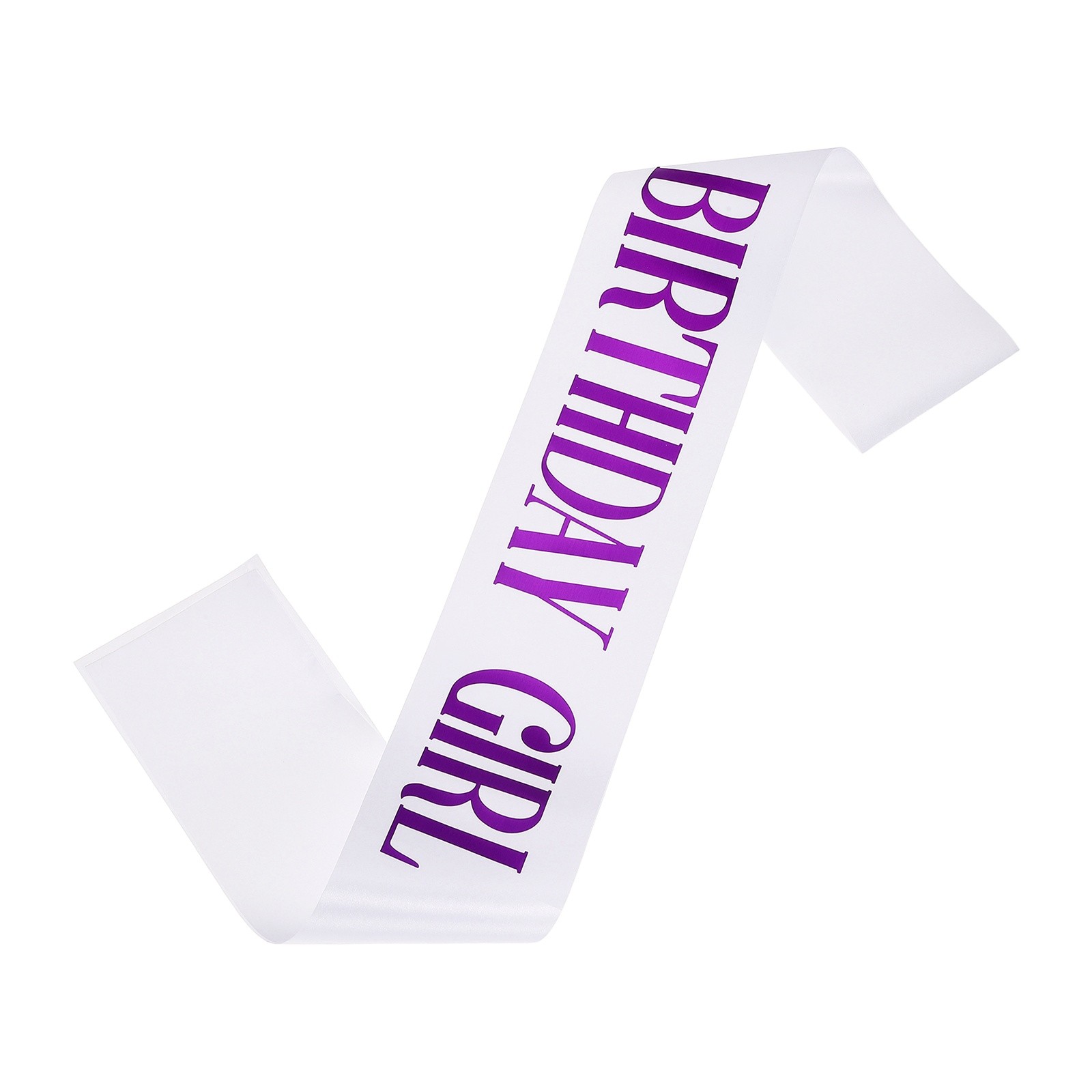 White Birthday Girls Sash with Pin Purple Lettering for Party