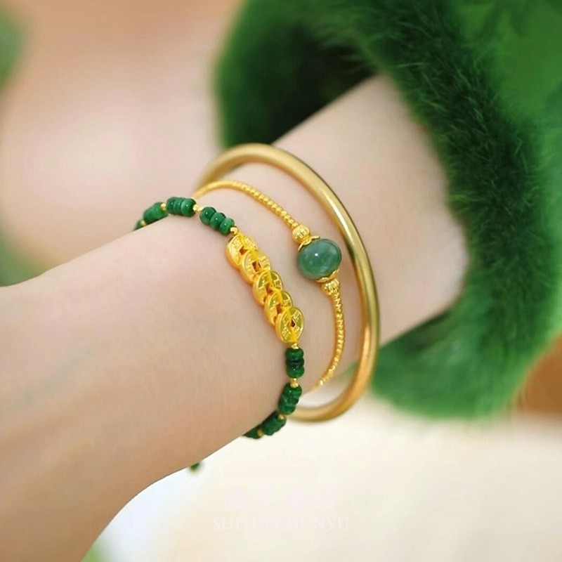 Chinese Green Chalcedony Beads Woven Bracelet Hand Rope Luck Wealth Blessing