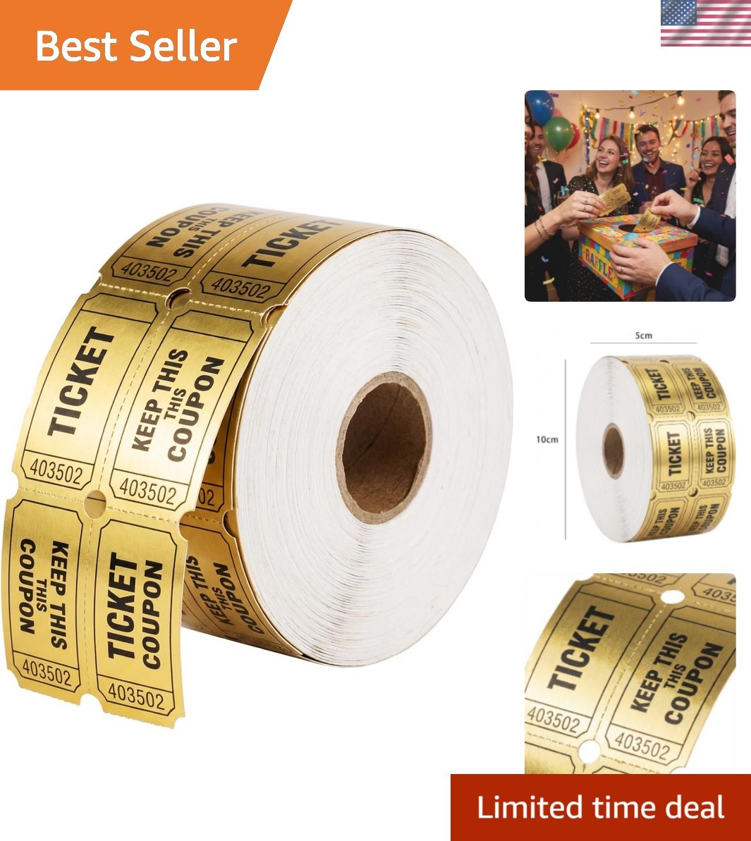 Golden Tickets 1 Roll 1000 Metallic Foil Raffle Tickets for Events, Carnivals…