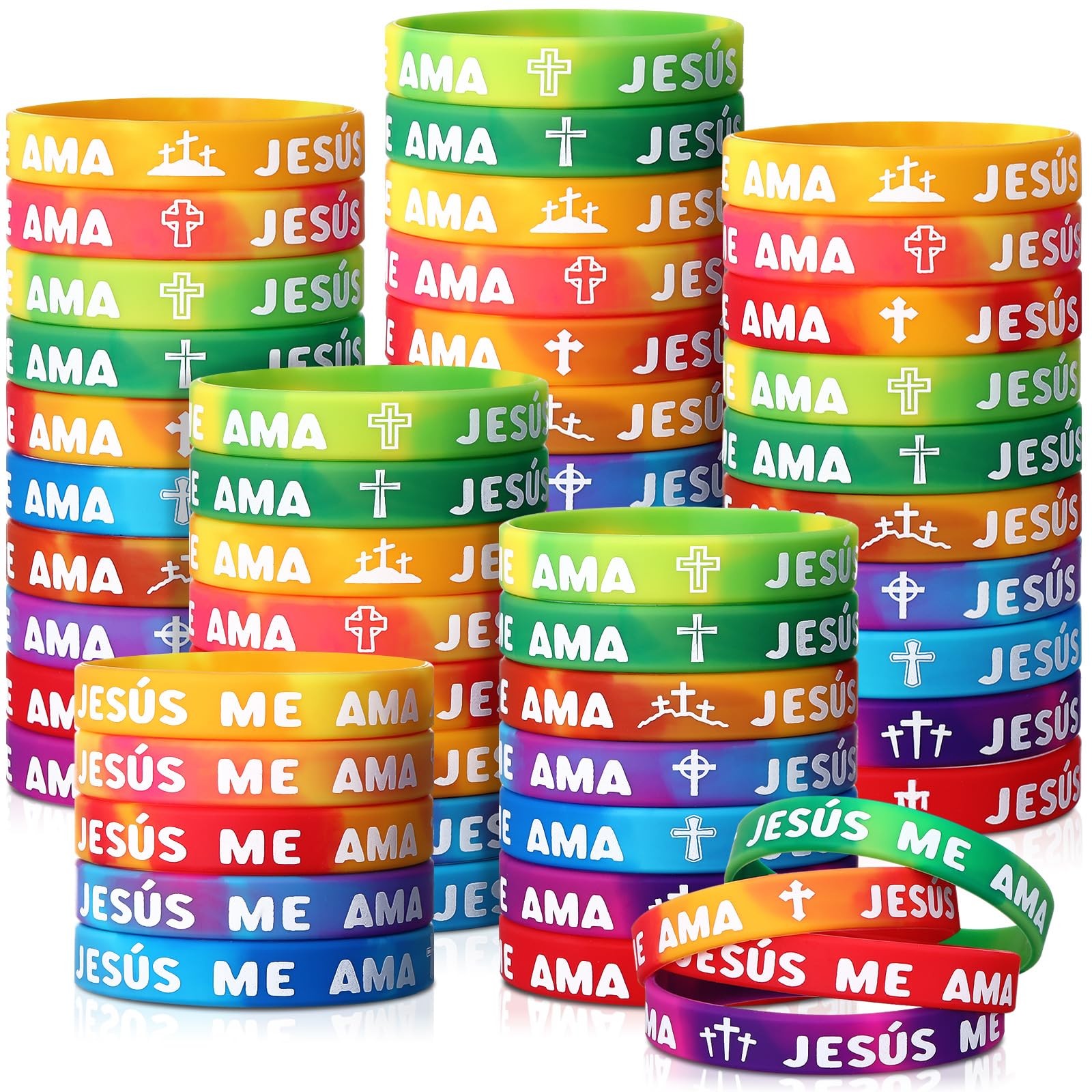 150 Pcs Spanish Jesus Loves Me Wristbands Bulk 10 Styles Rainbow Jesus Me Ama…