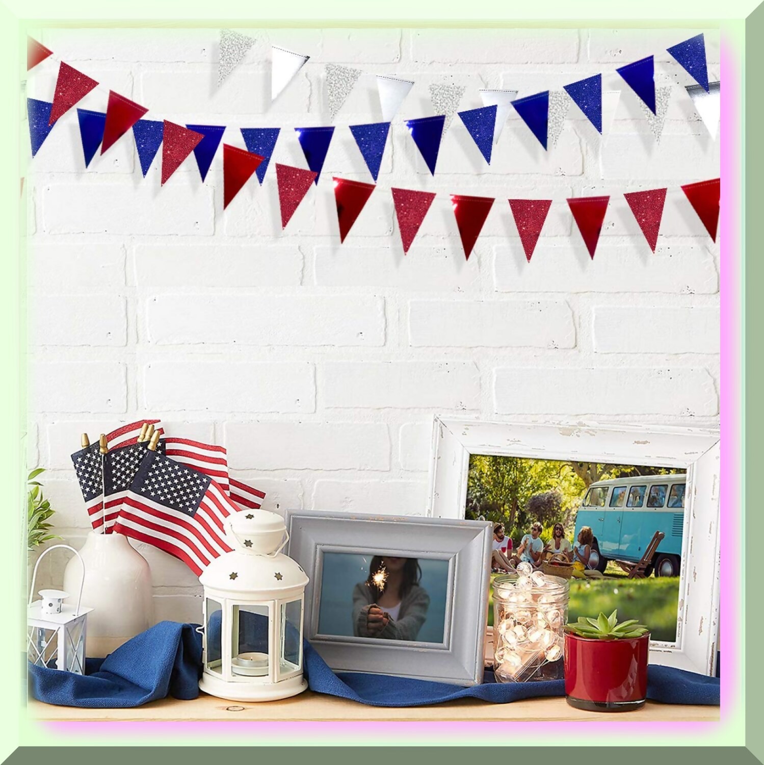30ft Tri-Color Patriotic Pennant Banner with Glitter Flags