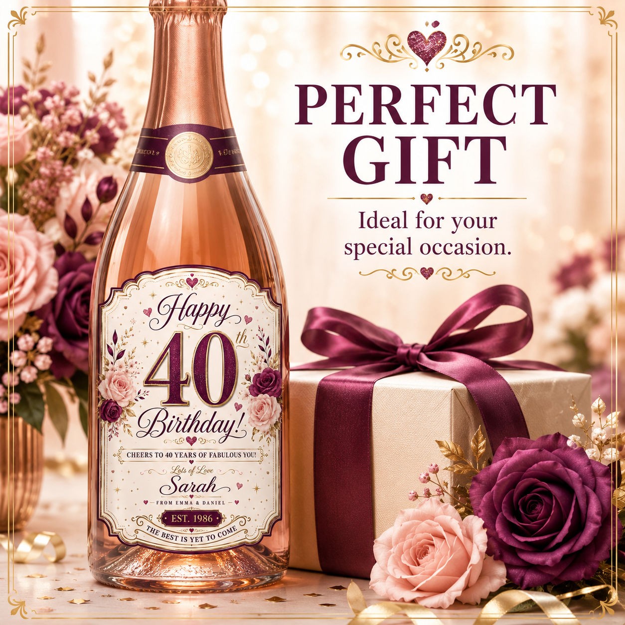 Personalised 40th Birthday Bottle Label Sticker Wine Gift Purple Gold