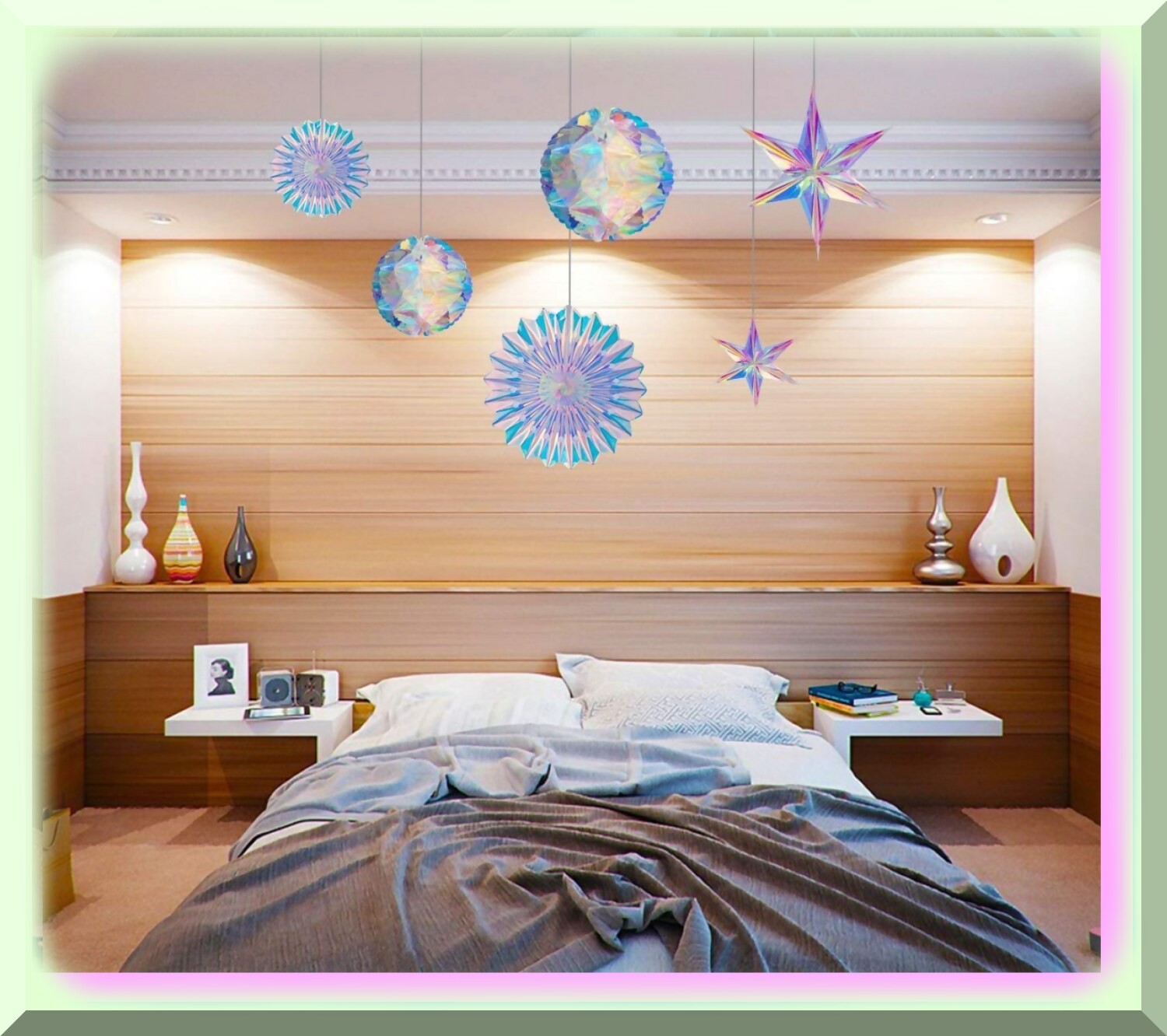 Iridescent Celebration Decorations with Honeycomb Balls and Paper Fans
