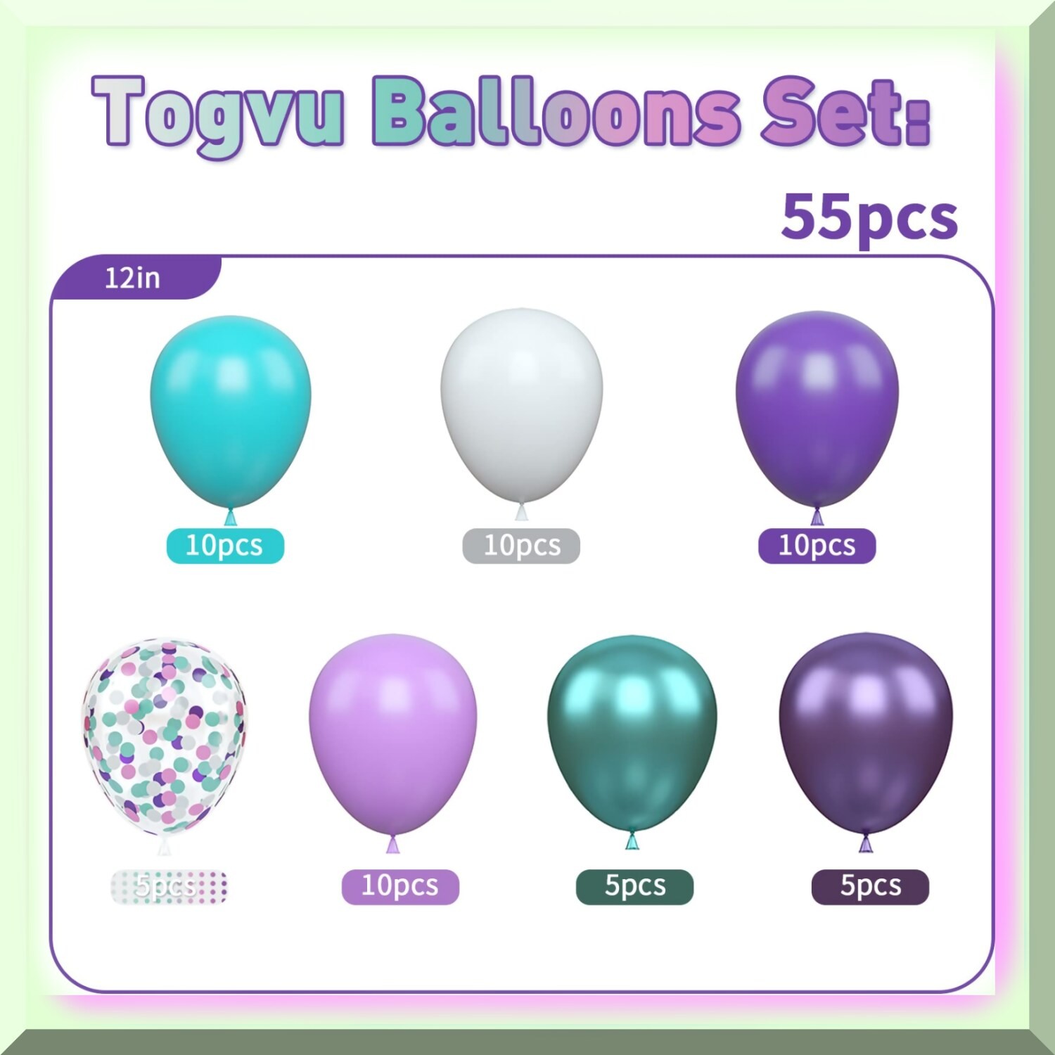 Set of 55 Latex Balloons in Purple Teal Blue Green White