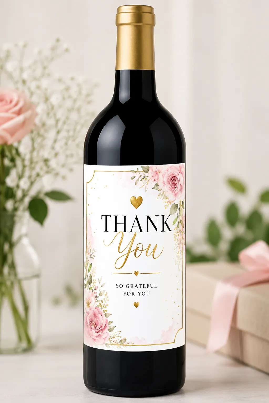 Personalised Thank You Gift Bottle Label Sticker Custom Wine Champagne Present