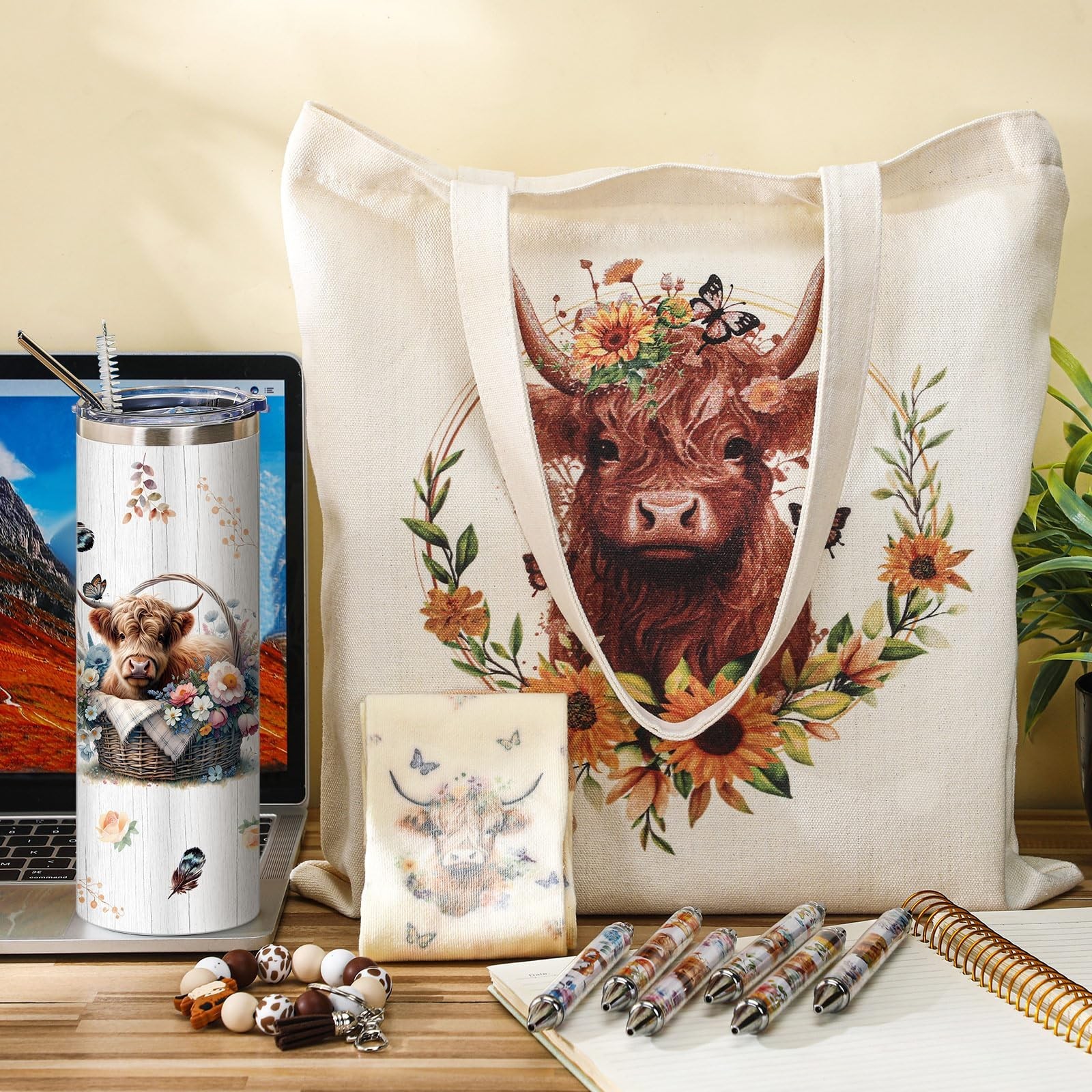 Skylety 5 Pcs Highland Cow Gifts Set for Women 20 oz Tumbler Floral Cactus Ca…