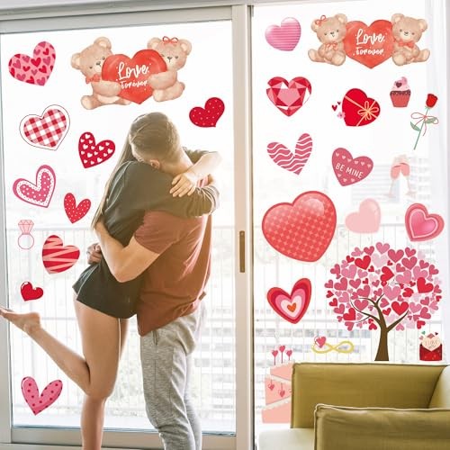 Valentines Day Decorations – Heart Window Clings for Glass | Valentines Red