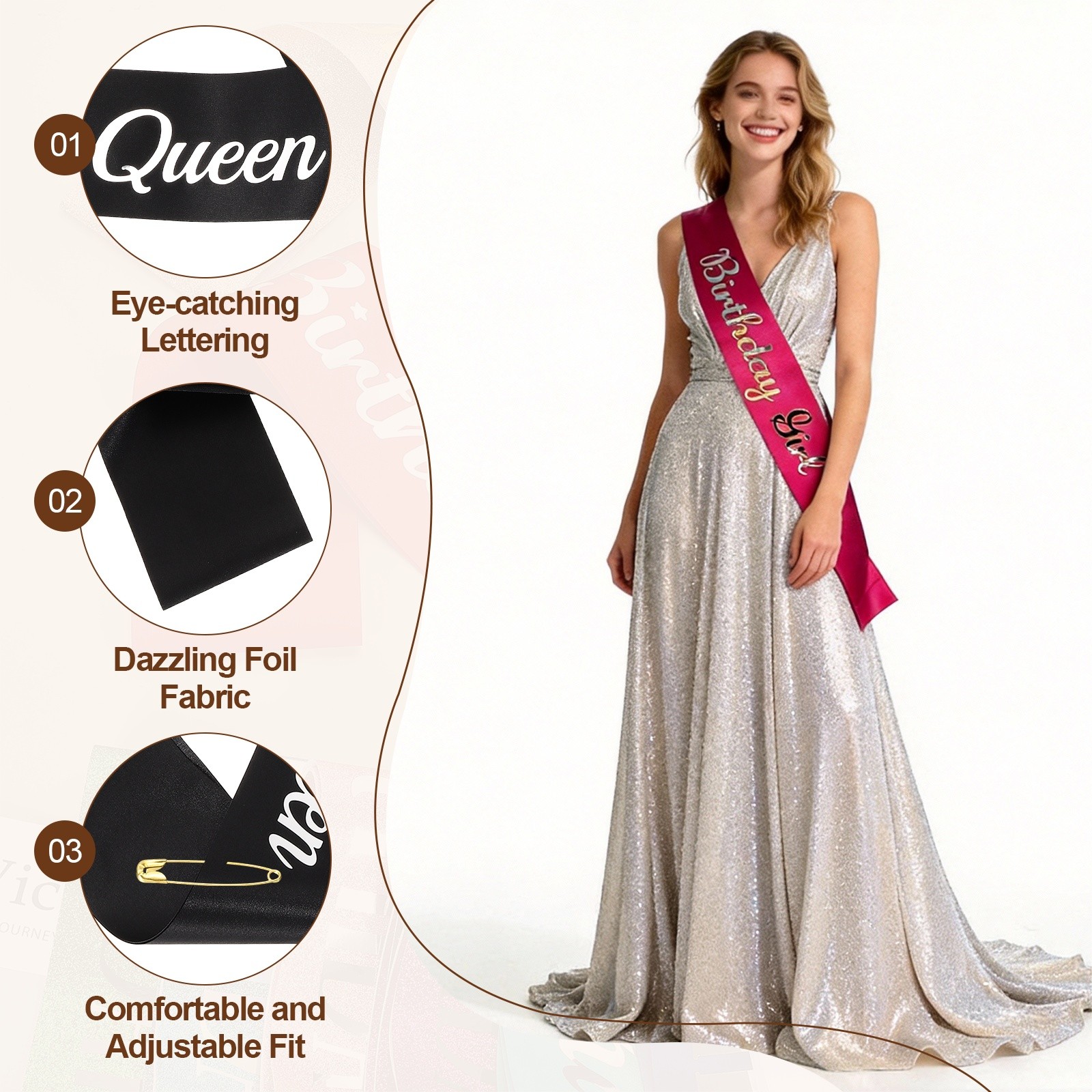 Birthday Queen Sash with Pin Silver Foil Lettering for Birthday Party, Black