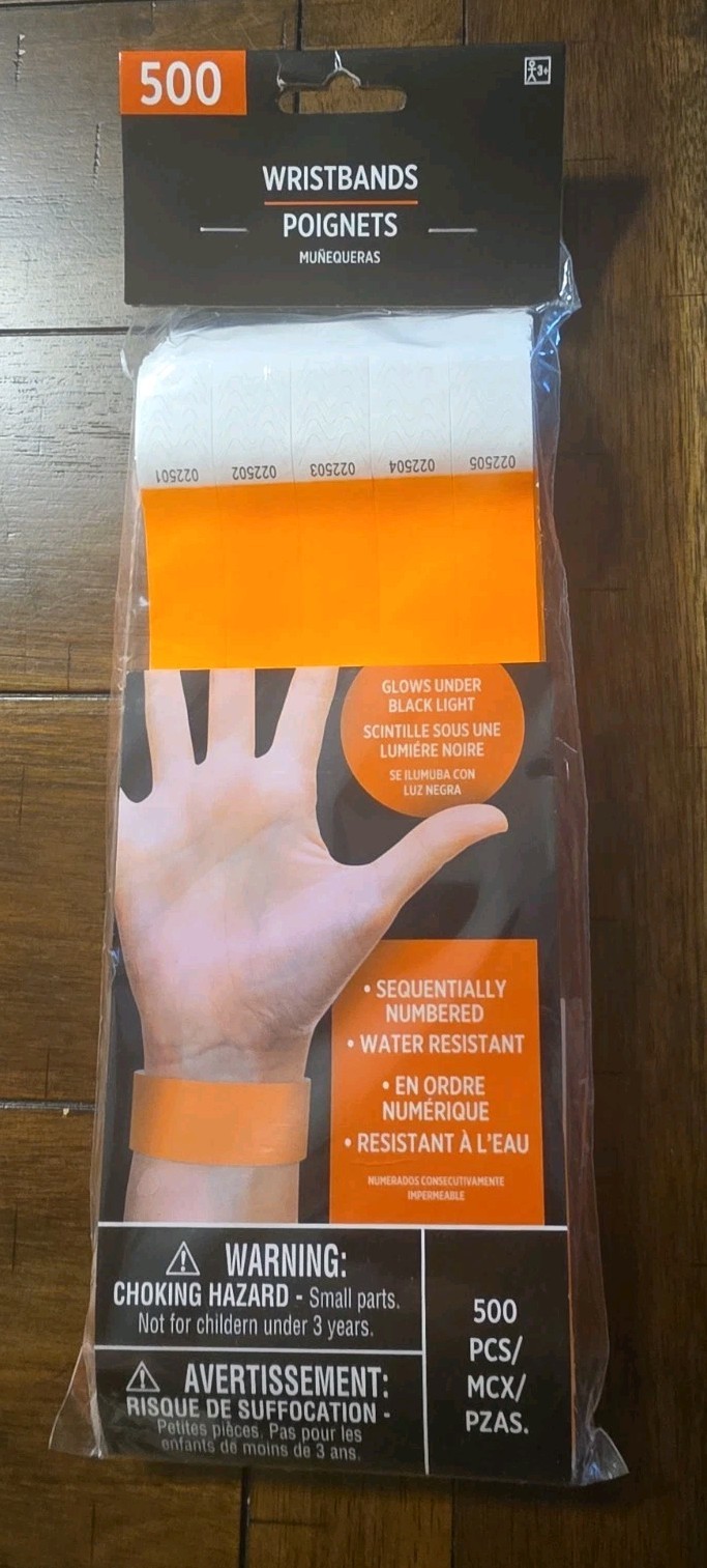 Amscan Wristbands Orange 500 Count Sequential Numbers & Glows Under Black Light