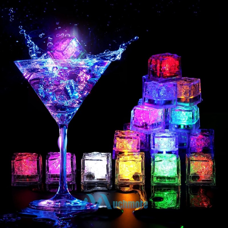 12Pcs Liquid Sensor Rainbow Color LED Flashing Light Up Ice Cubes for Bar Party