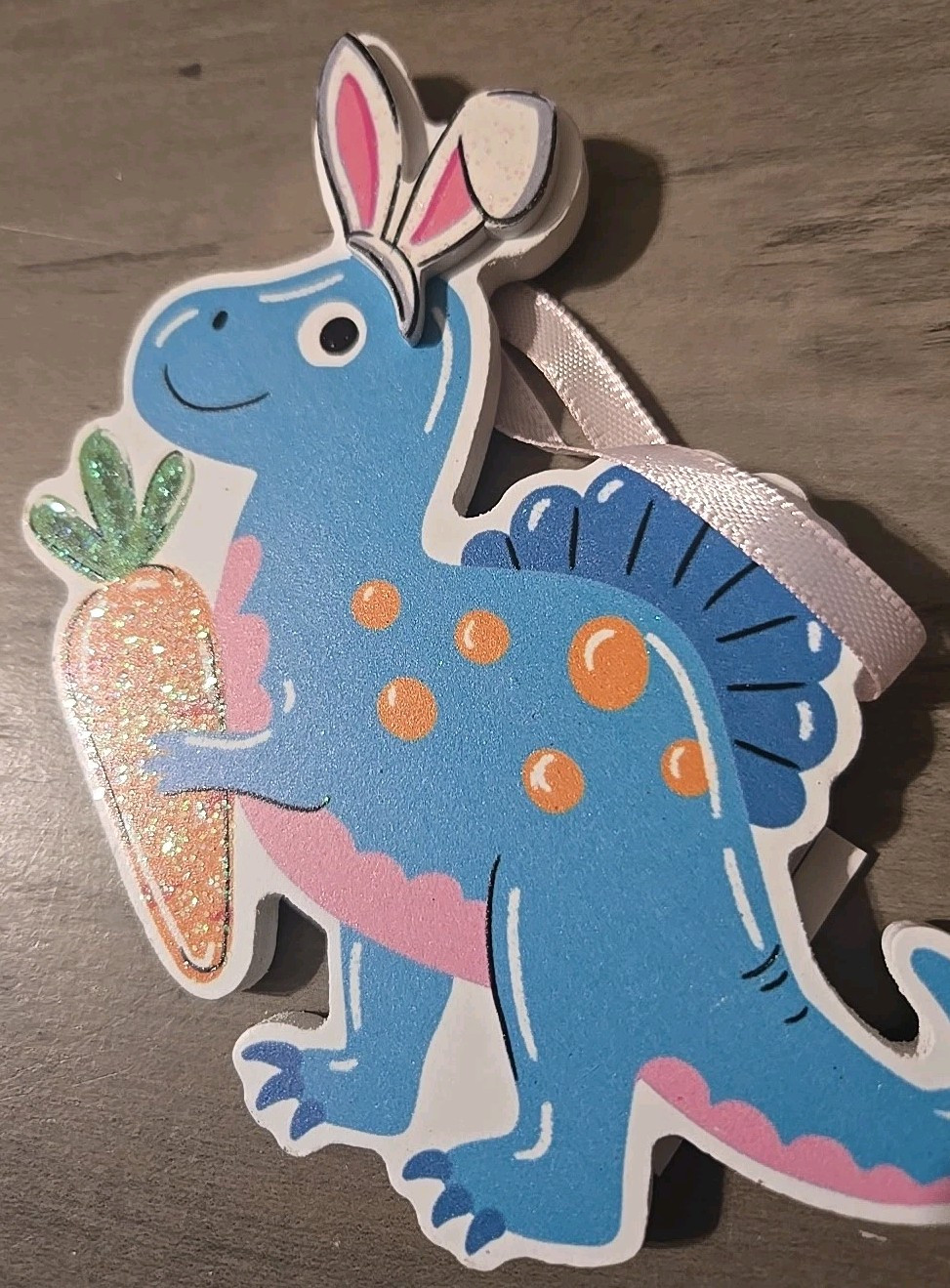 Wooden Hanging Easter Decoration Happy Dino With Bunny Ears And Carrot