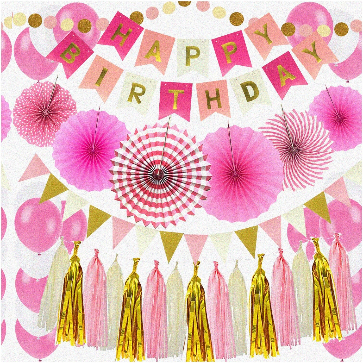 Pink Birthday Banner and Paper Fans Garland Set