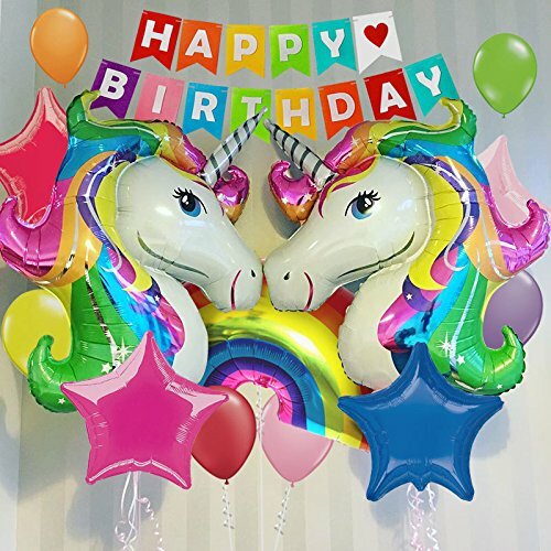 25Pack Colorful Happy Birthday banner &32 inch Unicorn balloons Bright Rainbow