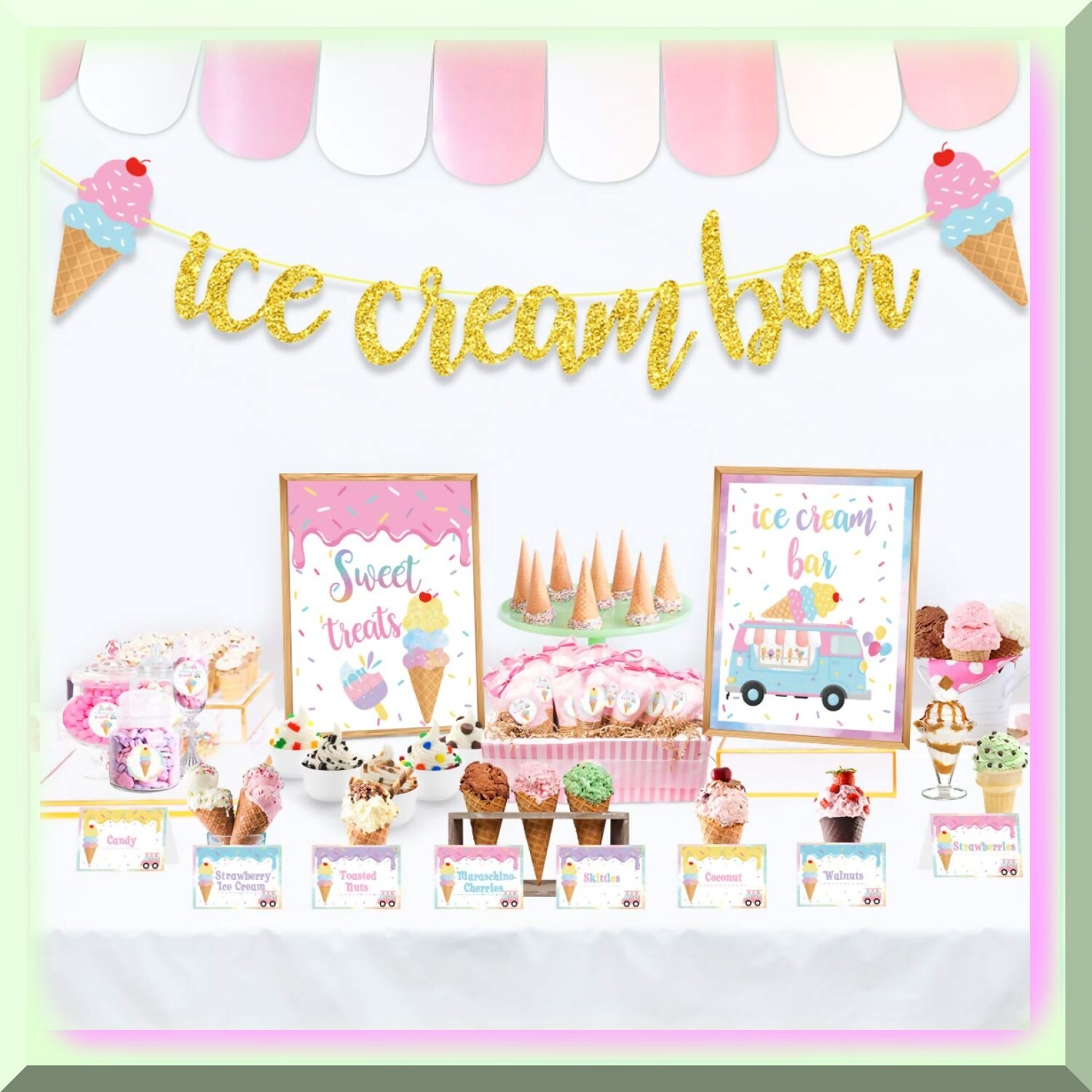 Ice Cream Bar Decor Kit with Banner and Labels