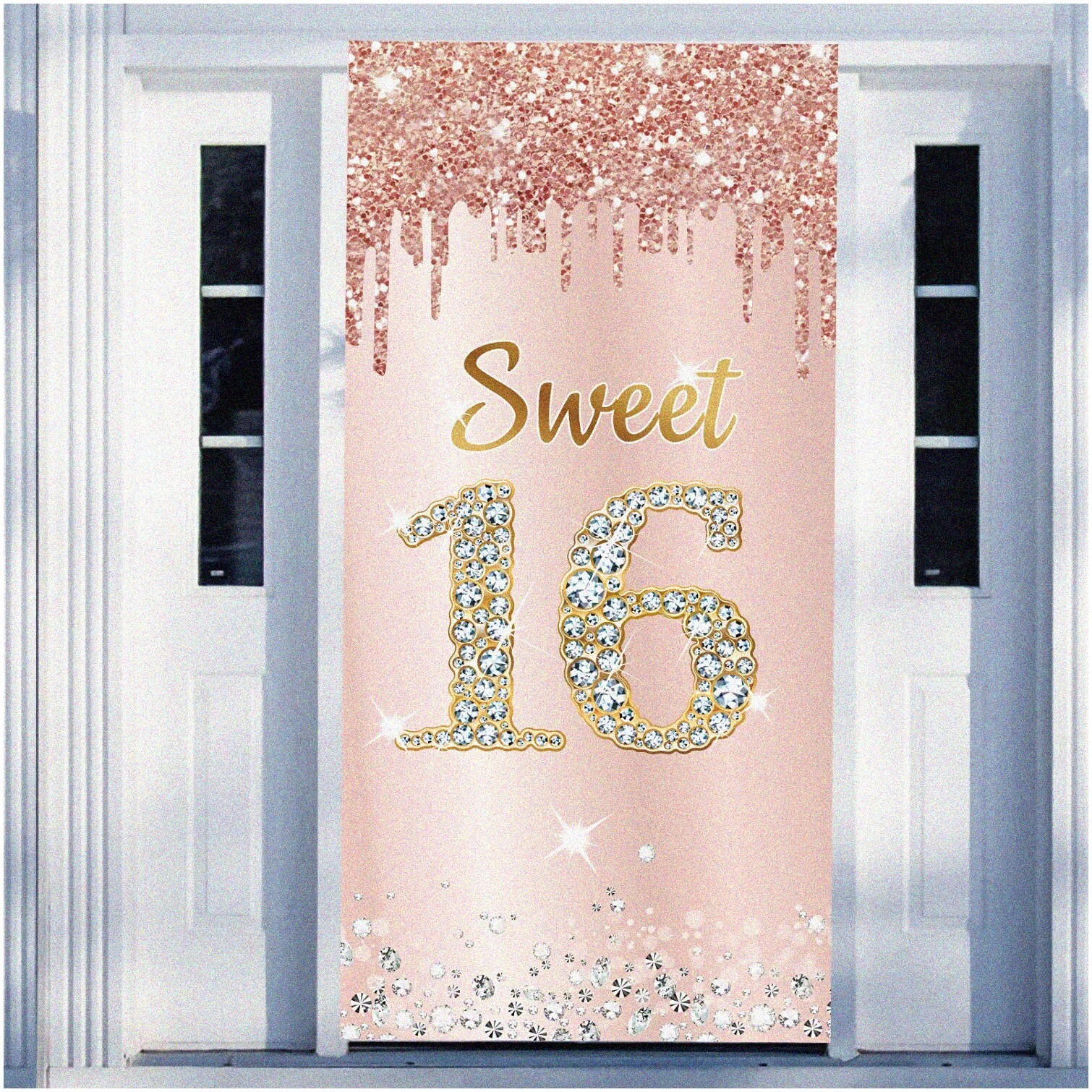 Rose Gold Sweet 16 Celebration Kit with Banner Backdrop Photo Props