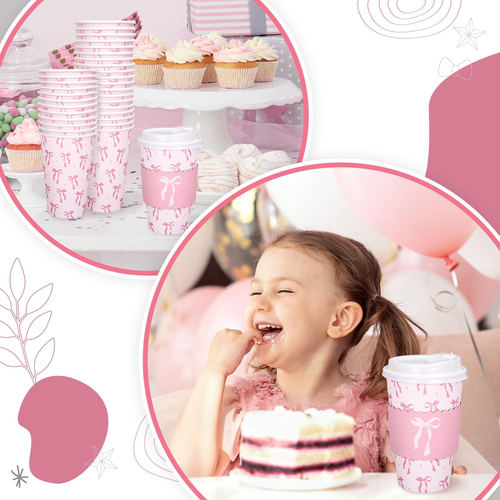 Mother’s Day 50 Set Pink Bow Disposable Coffee Cups with Lids and Sleeves Coquet