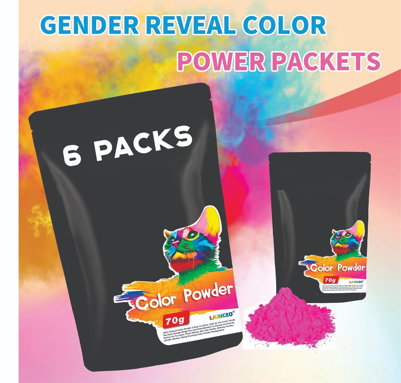 Pink Color Powder Gender Reveal Powder Packs – 6 Packs (70 grams ea.)