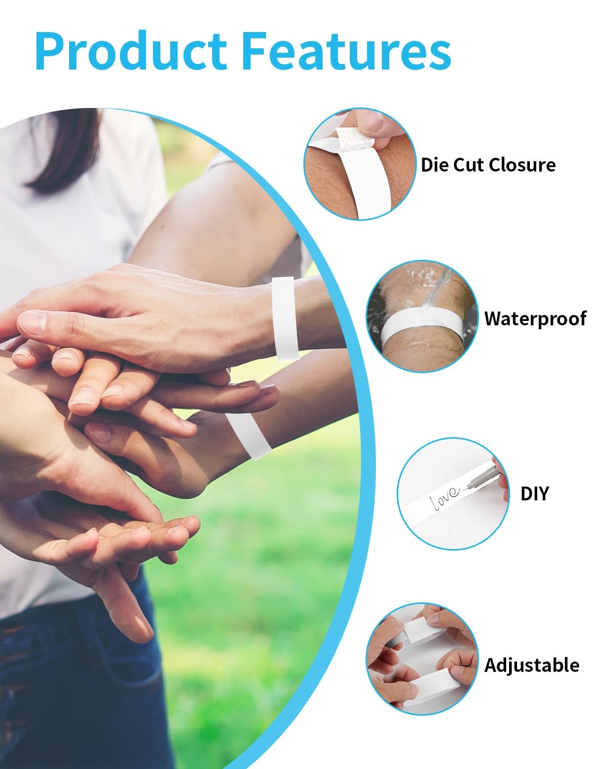 500 Pcs Wrist Bands, Paper Wristbands for Events, Adhesive Colored White