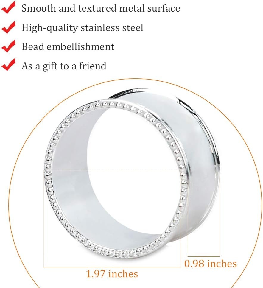 12 Pcs Stainless Steel Bead Side Napkin Rings, Silver | Delicate Serviette
