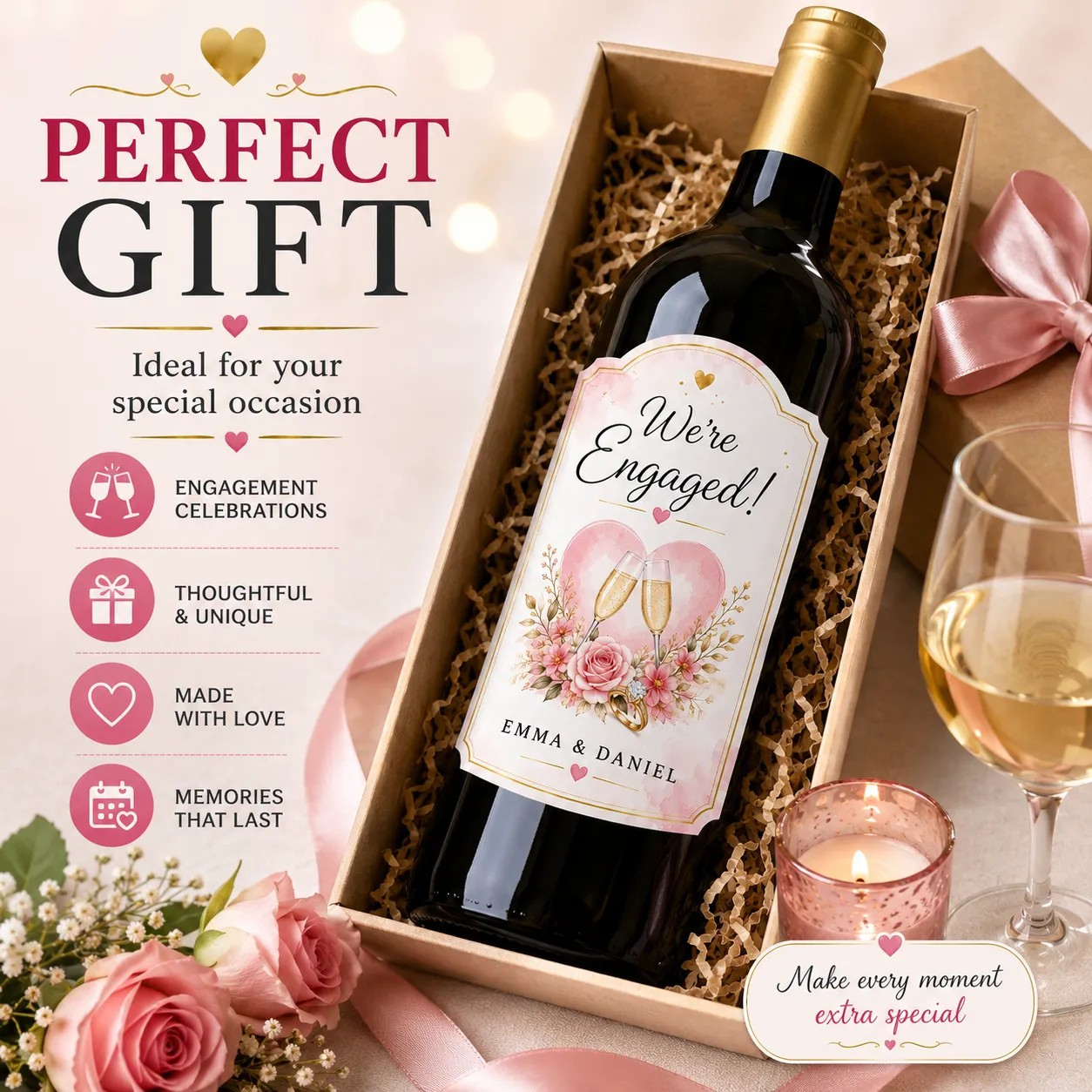 Personalised Engagement Bottle Label Sticker Custom Wine Champagne Gift Decor