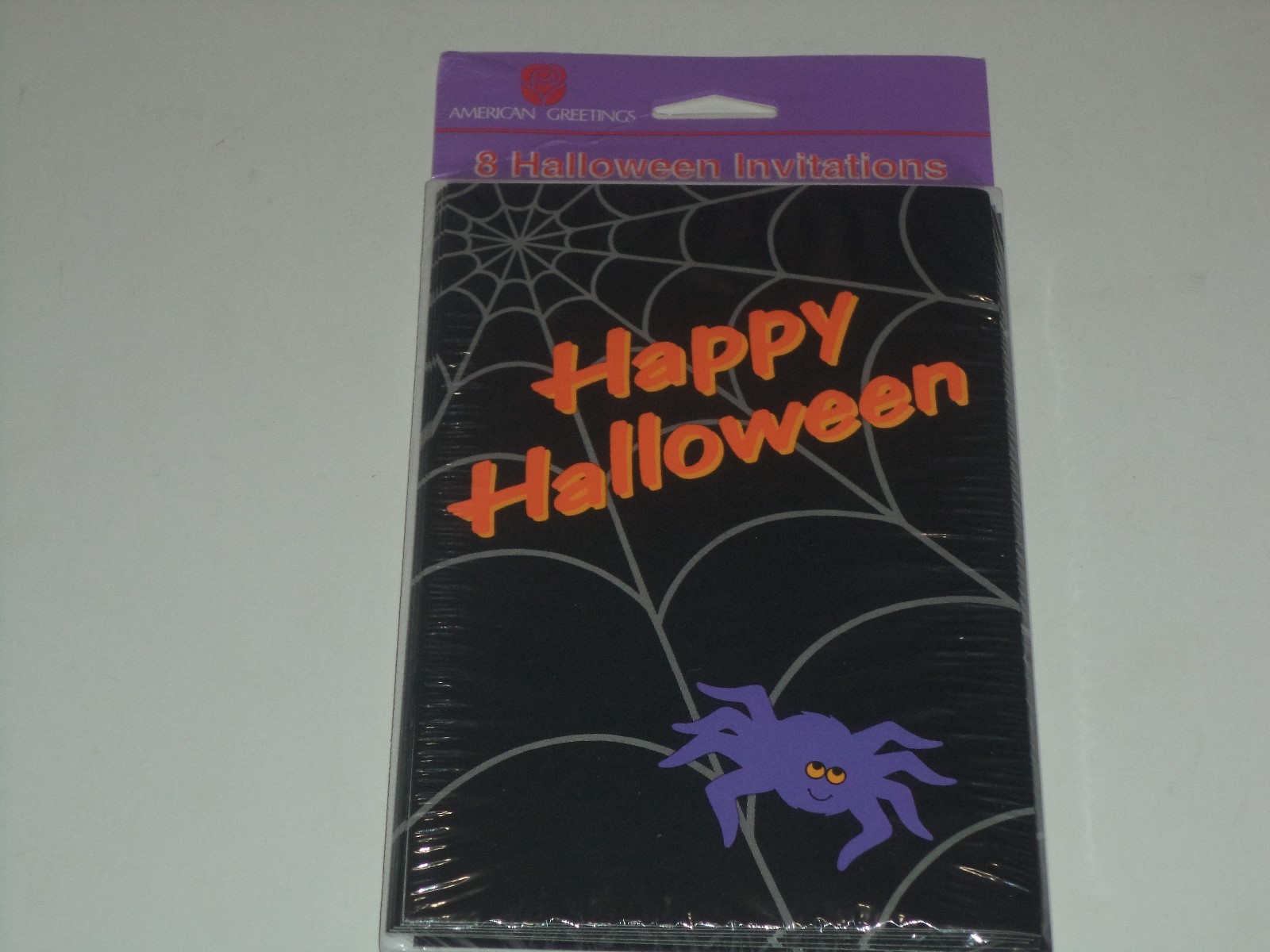 Eight Black Happy Halloween Invitations With Spider And Eight White Envelopes