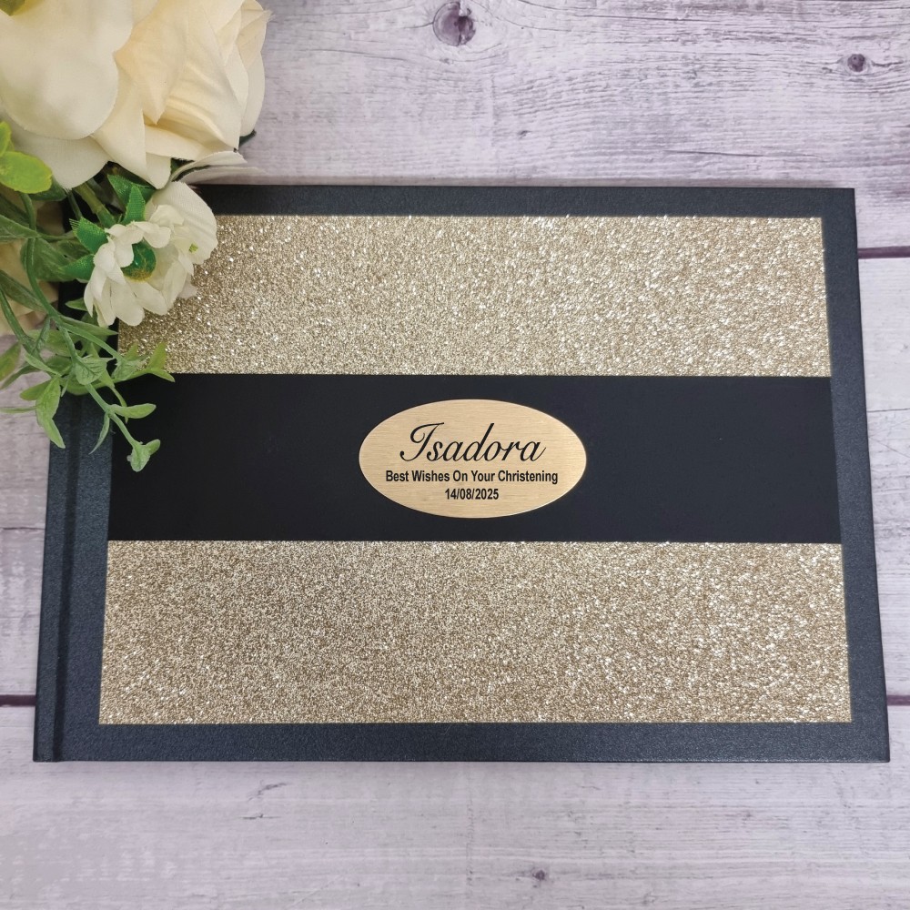 Christening Baptism Personalised Guest Book Black Album Gold Glitter