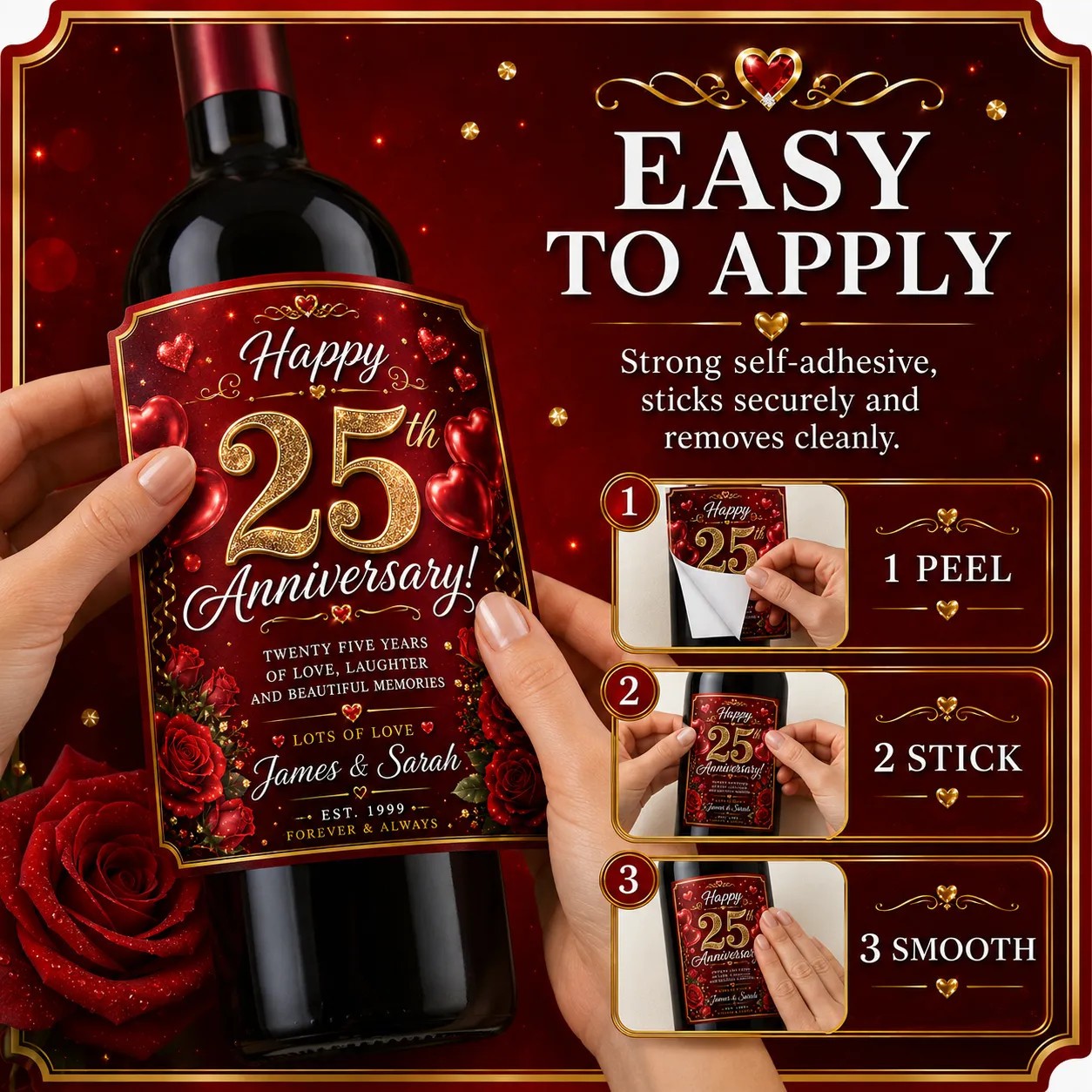 Personalised 25th Anniversary Bottle Label Sticker Wine Gift Red Rose