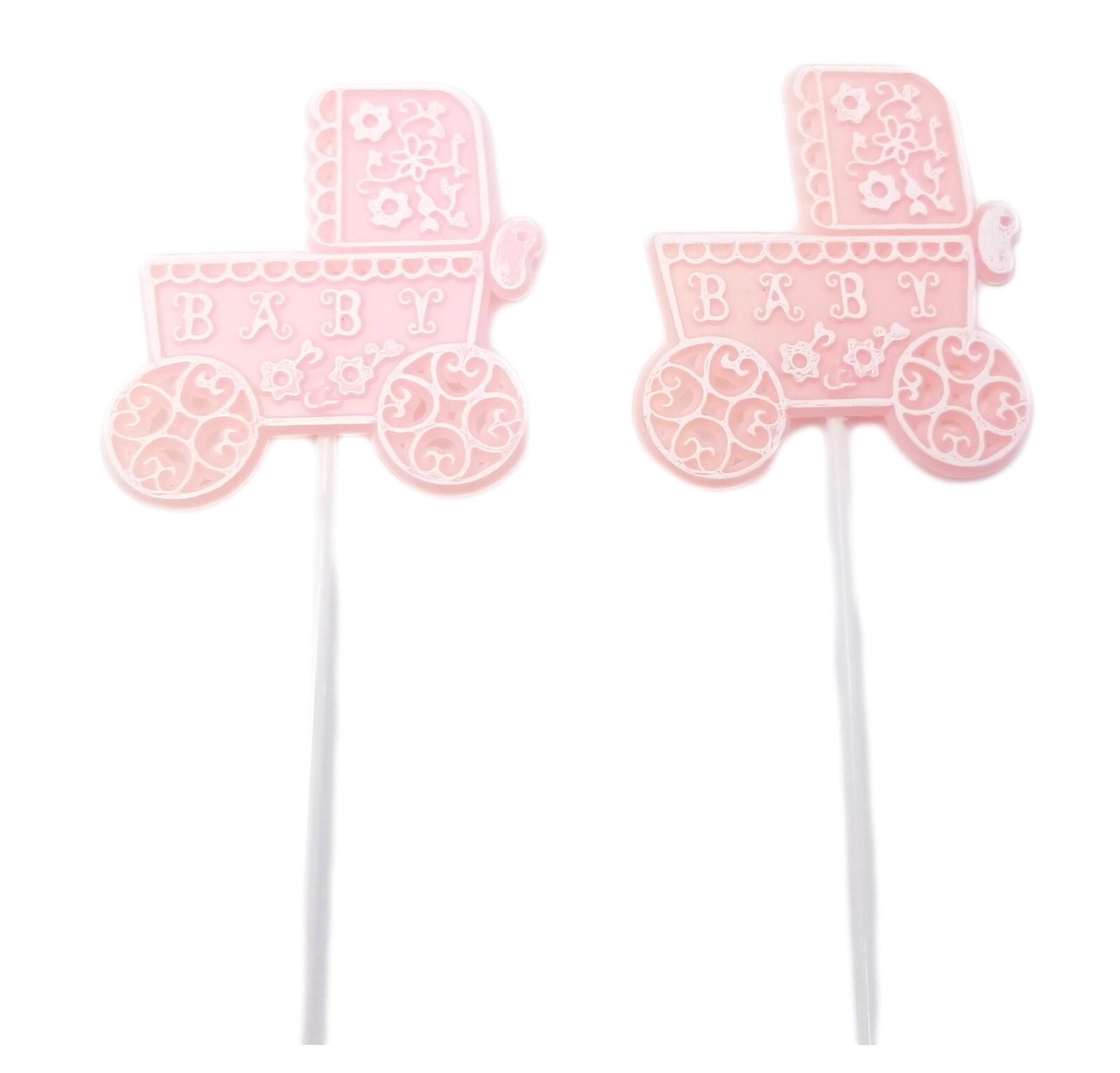 12 Plastic Pink buggy baby carriage shower favors appliques floral cupcake picks