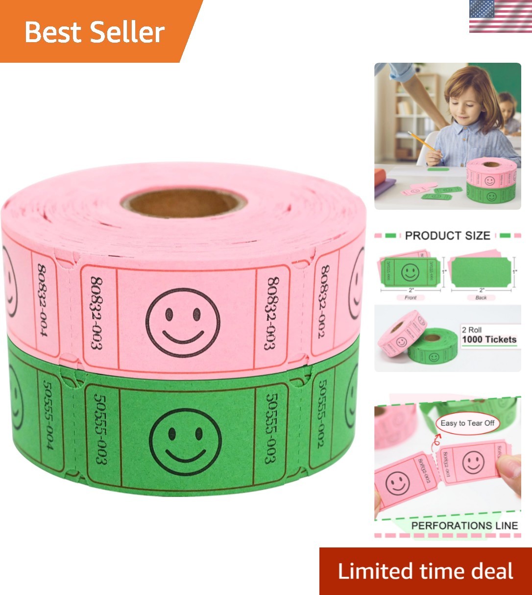 1000 Raffle Tickets, Smile,2 Color Set of 500 1″ x 2″ Single Roll,Tickets for…
