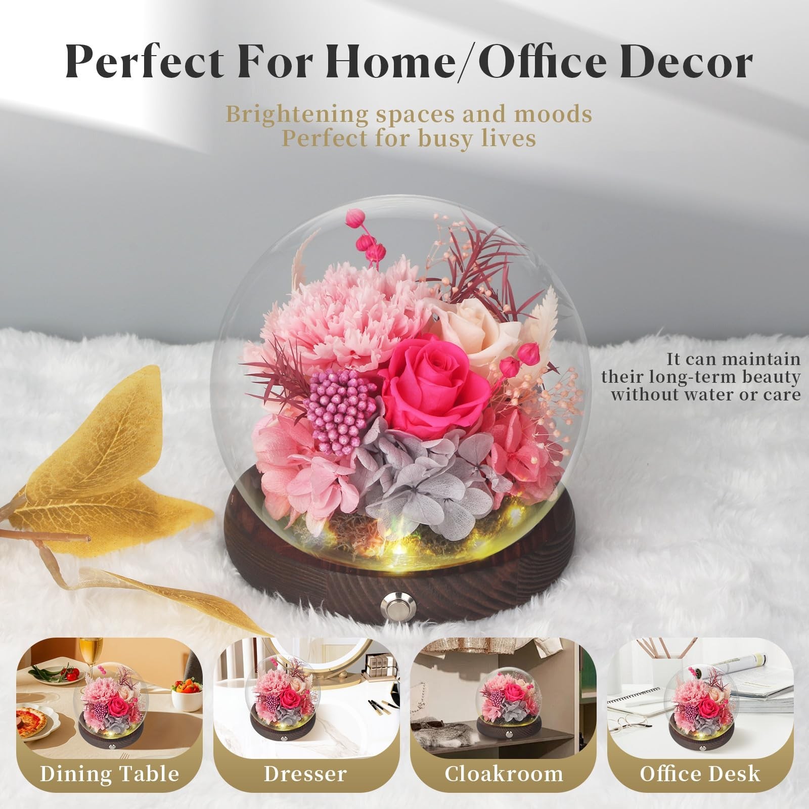 Gifts for Mom, Pink Preserved Flowers with Carnations and Roses in Glass Dome…