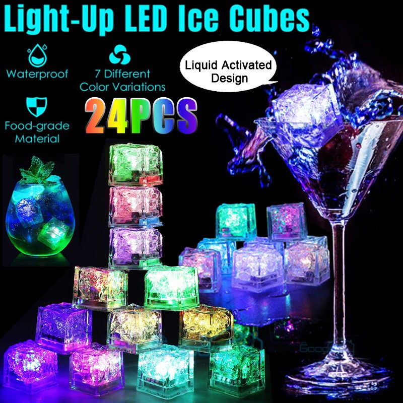 24 Multicolor Flashing Glow in The Dark LED Light Up Ice Cube for Bar Club Party