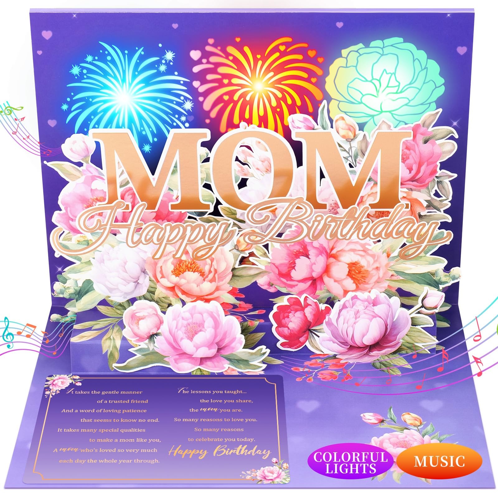 Pop Up Mom Birthday Card with Lights & Music, 3D Happy 5×7 inches, purple