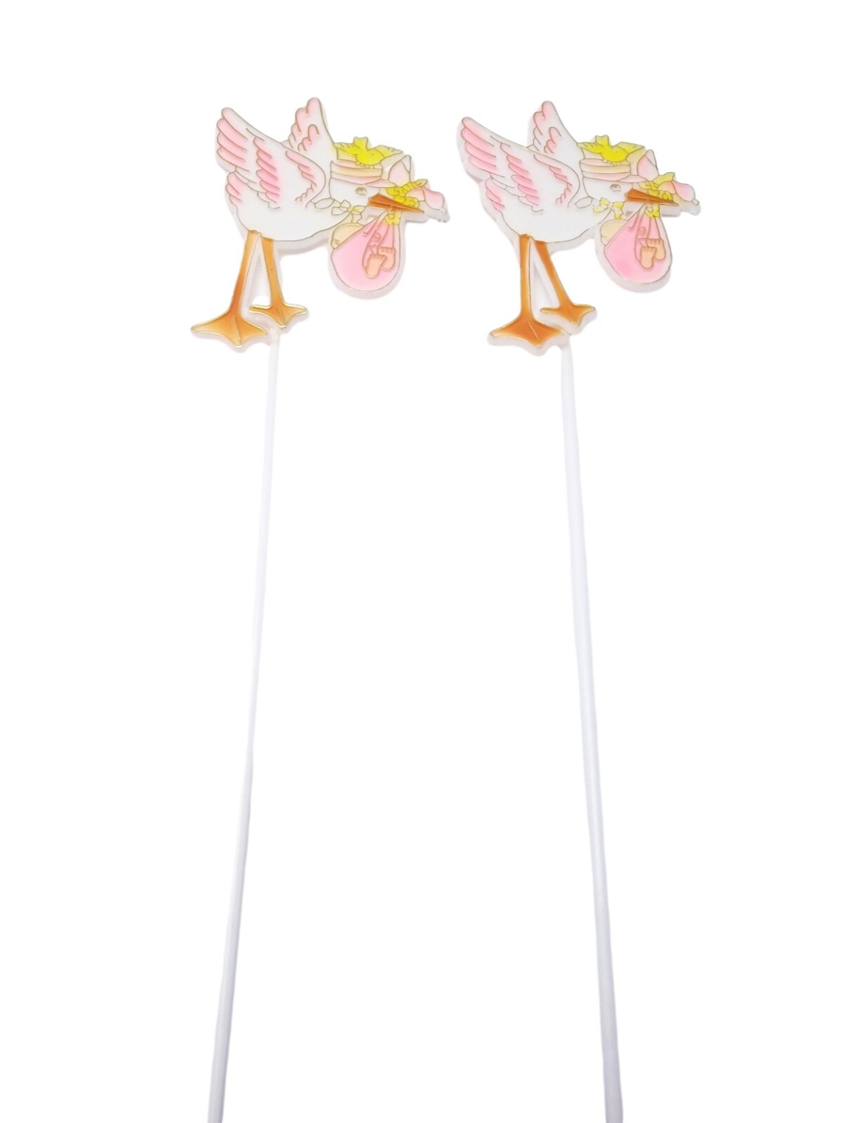 12 Plastic pink stork in flight shower favors appliques floral cupcake picks 4×3