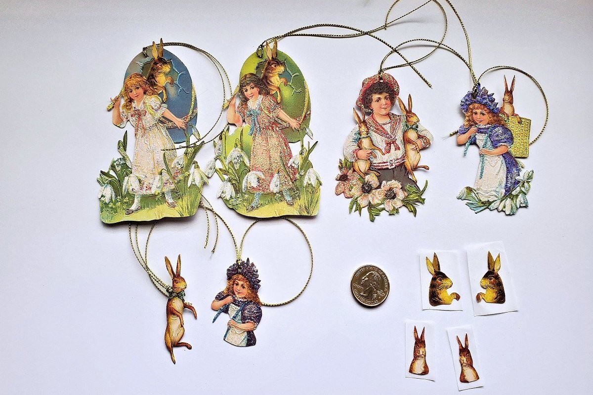10-Easter-Victorian-Bunny-Embossed-Scraps-Gift-Hang Tag-Ornaments-Stickers