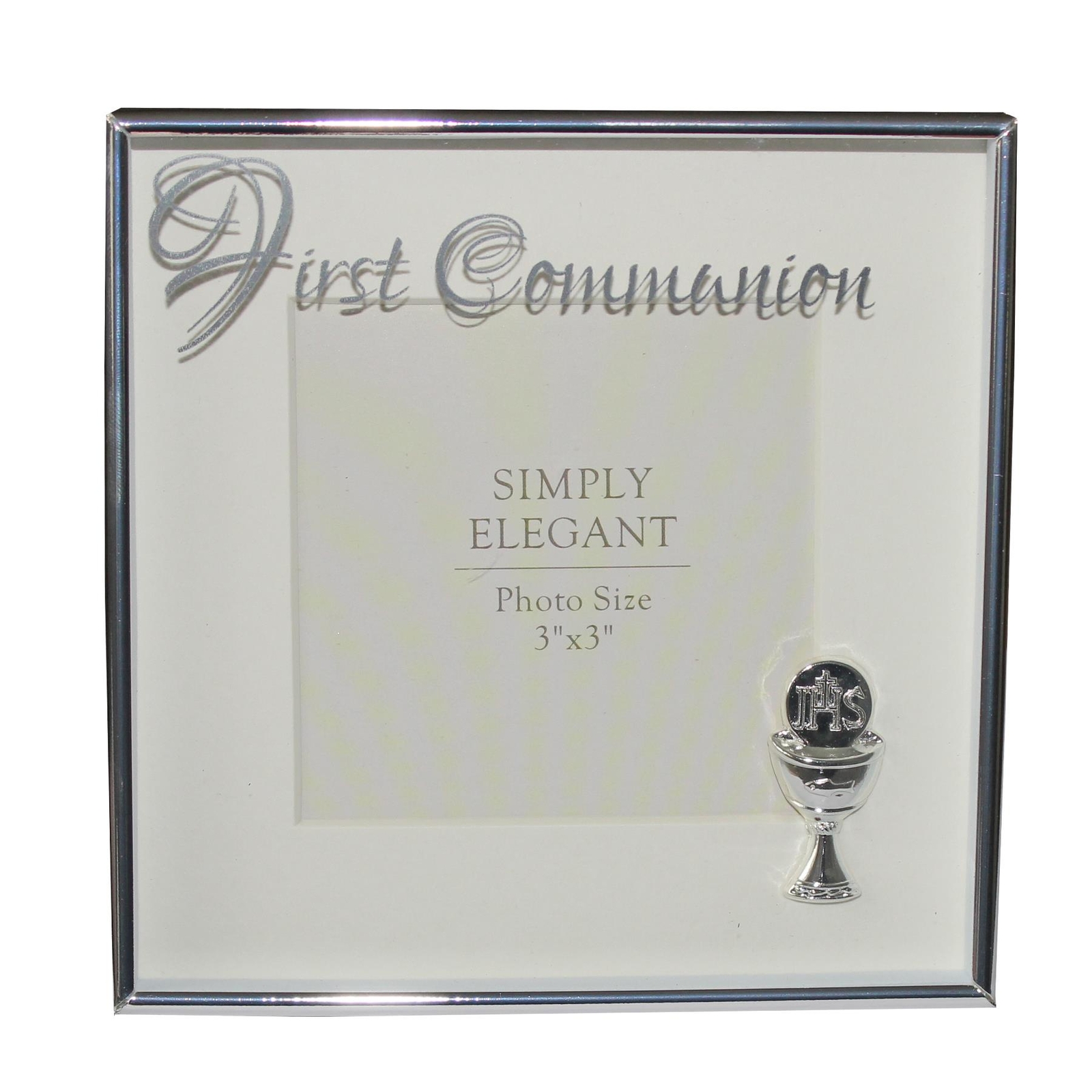 First Communion Silver Photo Frame with Chalice Icon Holds Picture 3’x3′