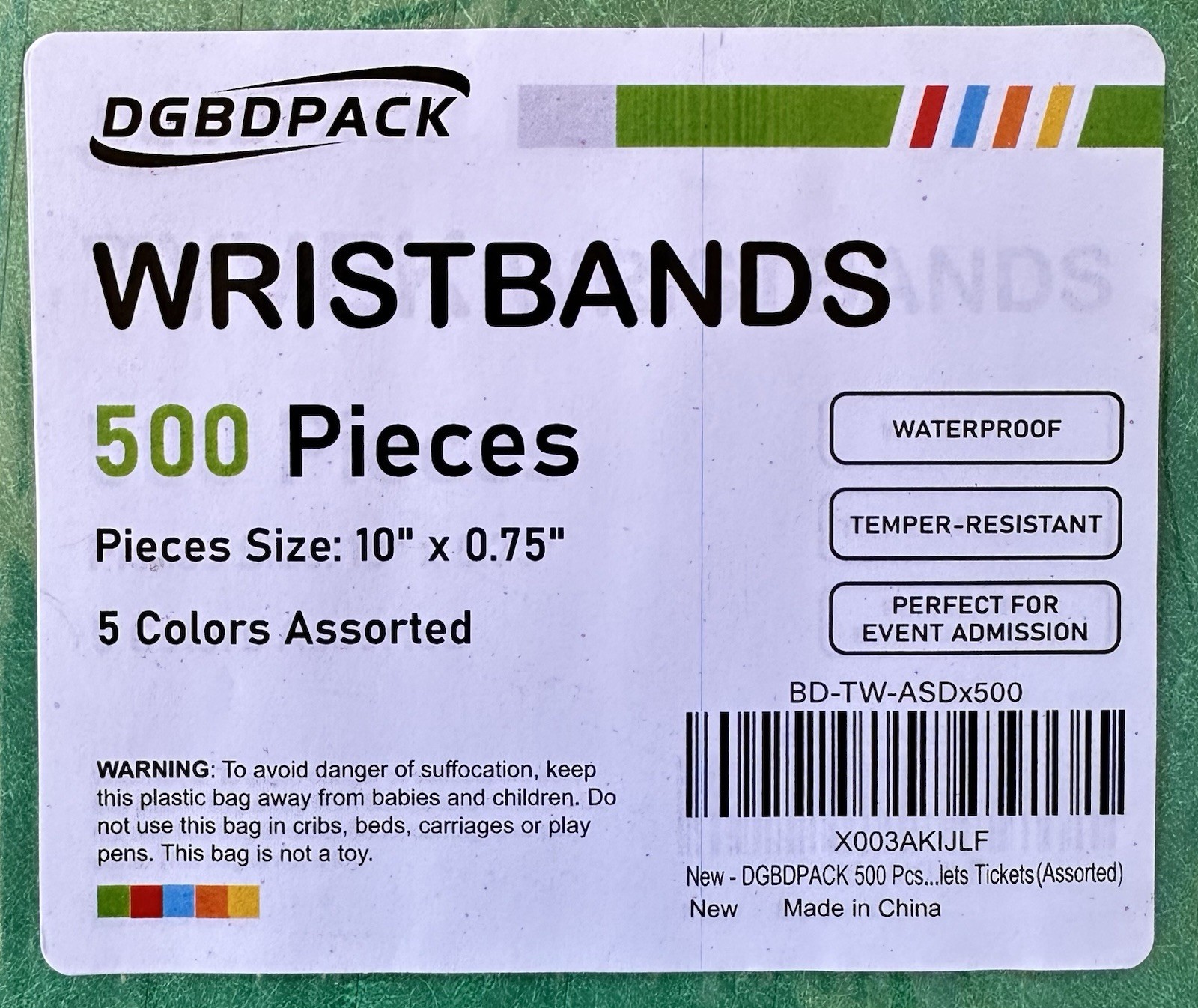 500 Tyvek Wristbands DGBDPACK 5 Asst Colors Event Admission Bands New & Unused