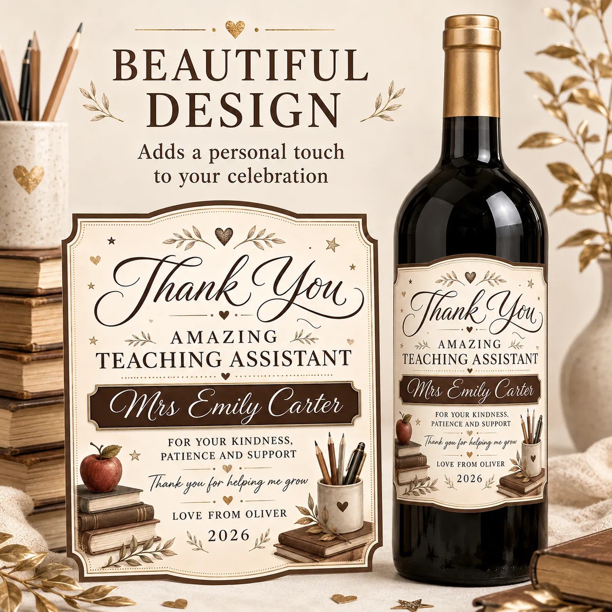Personalised Teaching Assistant Thank You Bottle Label Sticker Custom Gift