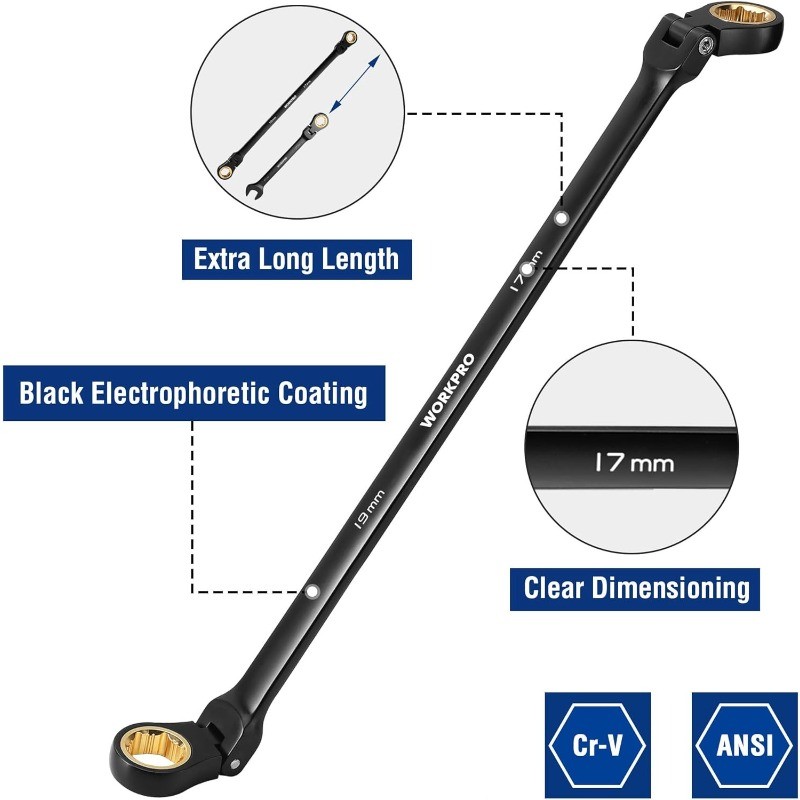 Extra Long Flex-Head Ratcheting Wrench Set, 5-piece Anti-Slip Double Box Wrenche