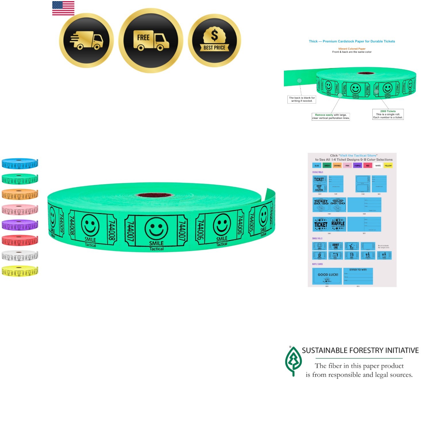 2000 Raffle Tickets, Smile, Green 1 of 8 Colors, Single Roll, Ticket for Even…