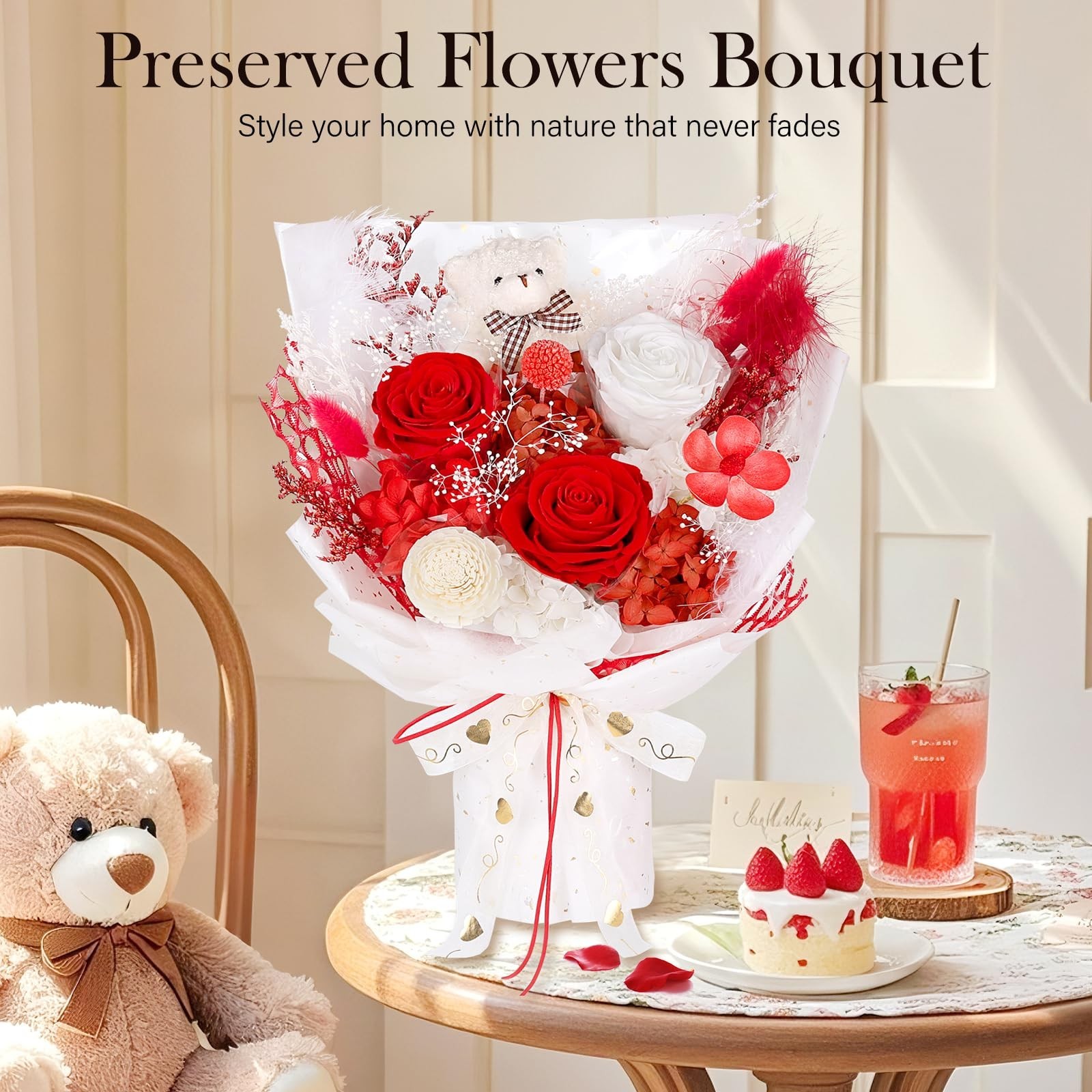Preserved Flowers Bouquet with Bear, 3 Real Forever Flowers for Delivery, Lon…
