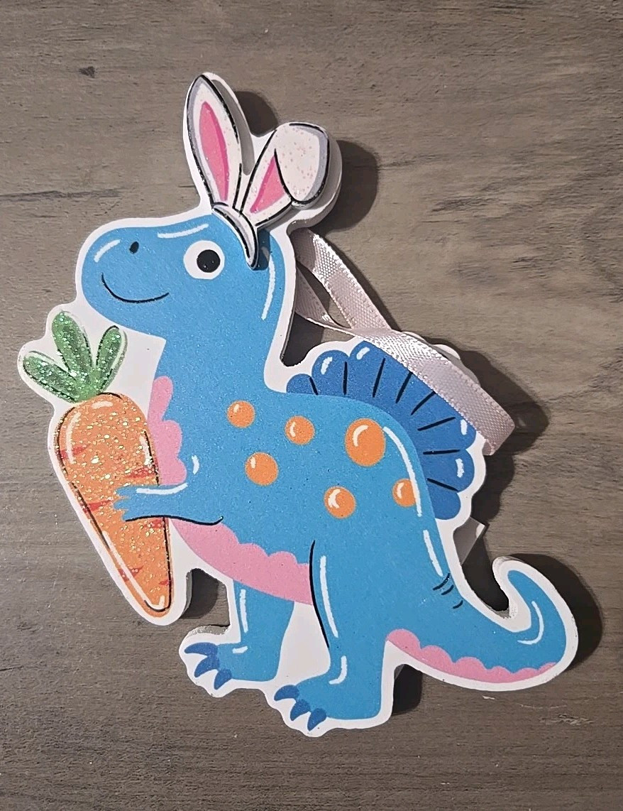 Wooden Hanging Easter Decoration Happy Dino With Bunny Ears And Carrot