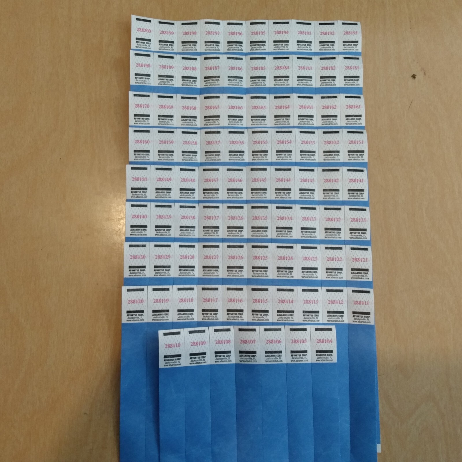 87 blue wristbands sequentially numbered USA Advantus Corp child safety